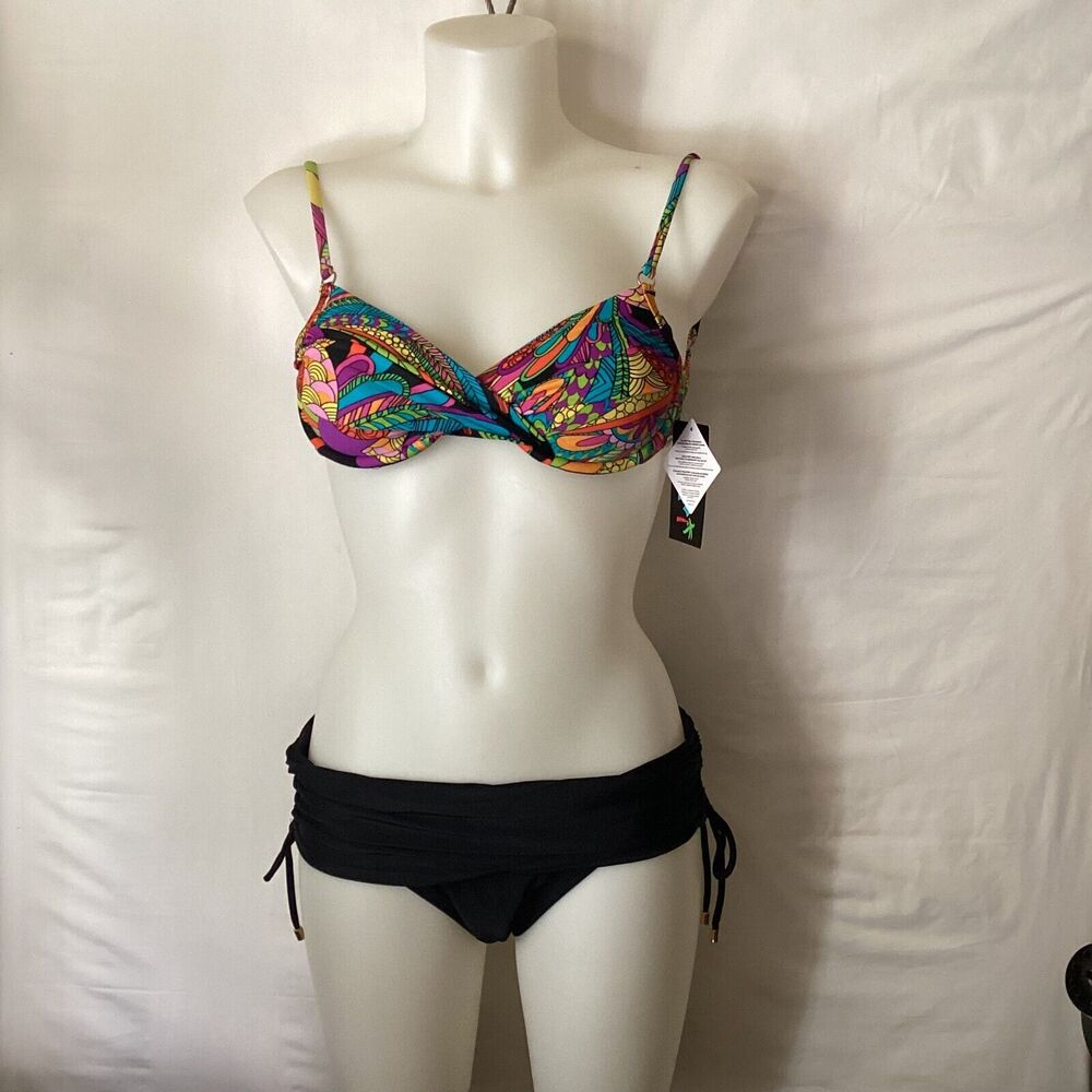 2144 NWT Bikini Bay Funky Feathers U/W Padded Tie Back Top w/Black Bottoms